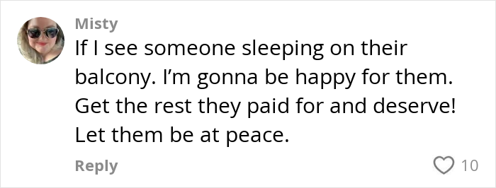 Comment from Misty supporting strangers sleeping on cruise balcony, reflecting opinions in viral video debate about cruise balcony behavior.