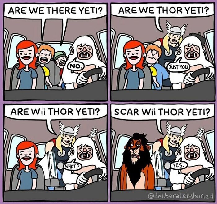 Comic panel showing a family with a yeti and Thor in a car, featuring unexpected endings and dark humor.