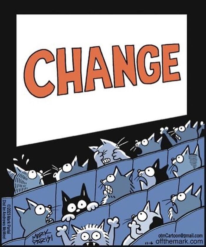 Cartoon cats reacting nervously to the word change on a screen, highlighting humor in everyday life cartoons.
