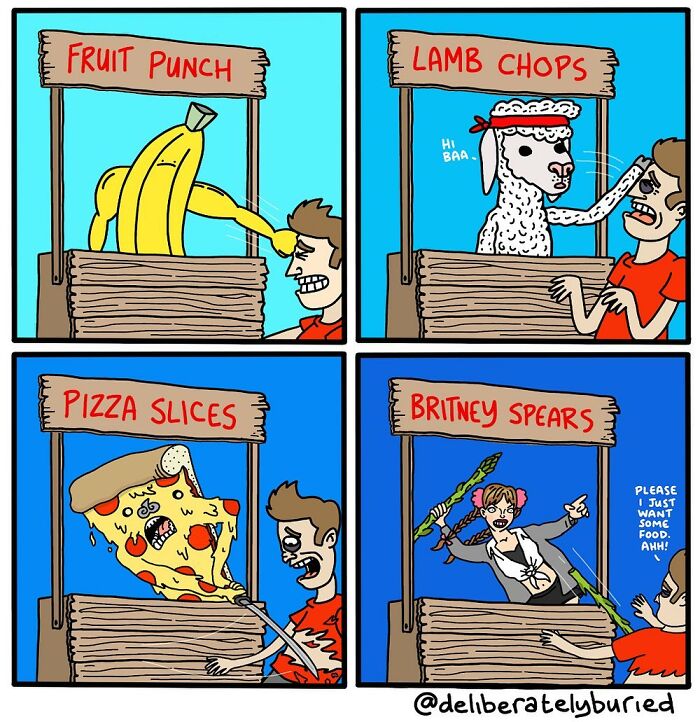 Comic panels showing dark humor with unexpected endings featuring a fruit punch banana, lamb chops, pizza slices, and Britney Spears spears.