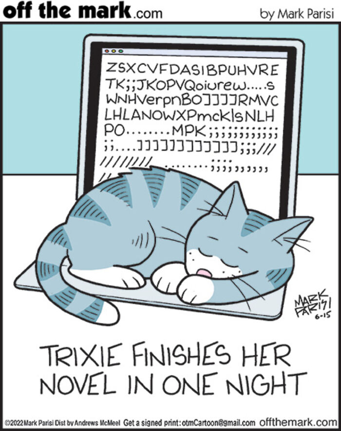 Cartoon of a cat sleeping on a laptop with gibberish text, illustrating humor in everyday life cartoons.