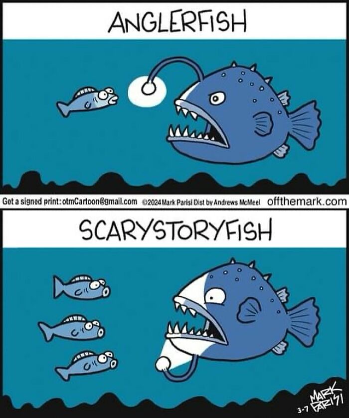 Cartoon featuring anglerfish and scary story fish humorously illustrating everyday life laughs in cartoons.