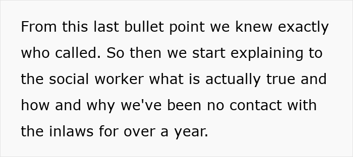 Text excerpt discussing a couple explaining to a social worker why they have banned toxic in-laws from visiting their newborn.