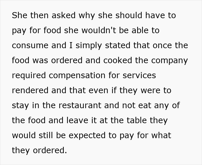 Text discussing compensation for cooked food at a restaurant during an autistic woman&rsquo;s panic attack situation.