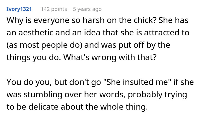 Comment discussing harsh reactions toward a girl&rsquo;s aesthetic and attraction, and misunderstandings in communication.