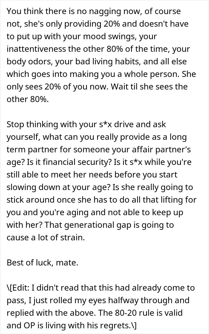 Text excerpt discussing the challenges and regrets of leaving a wife for a younger woman, highlighting aging and relationship strain.