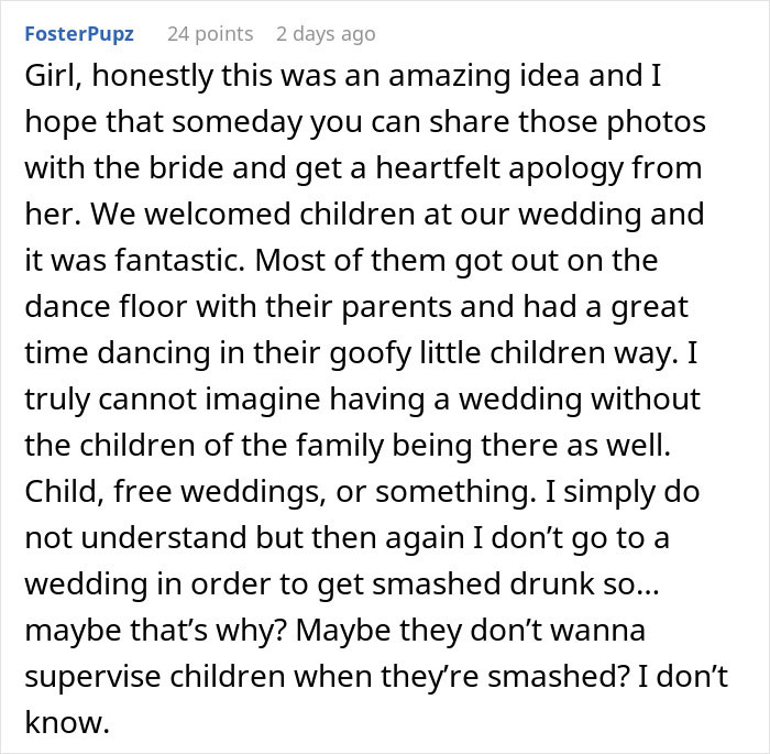Reddit user shares thoughts on weddings, children, and personal experiences regarding wedding celebrations and supervision.