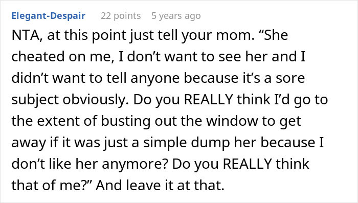 Text conversation discussing a guy running out the window after his mom&rsquo;s attempt to reconcile him and his ex-fianc&eacute;.