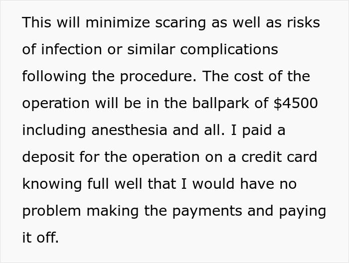 Text about minimizing scaring and infection risks, mentioning plastic surgery cost around $4500 and payment plans.