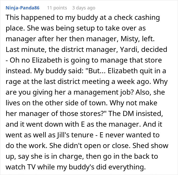 Text post describing workplace drama where a woman takes revenge on bakery manager, the perfectly delicious icing on the cake.