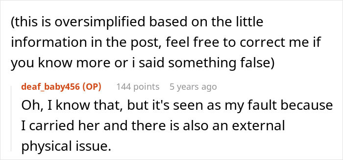 Screenshot of an online post discussing a husband leaving due to difficulties with a deaf baby and blaming the wife.