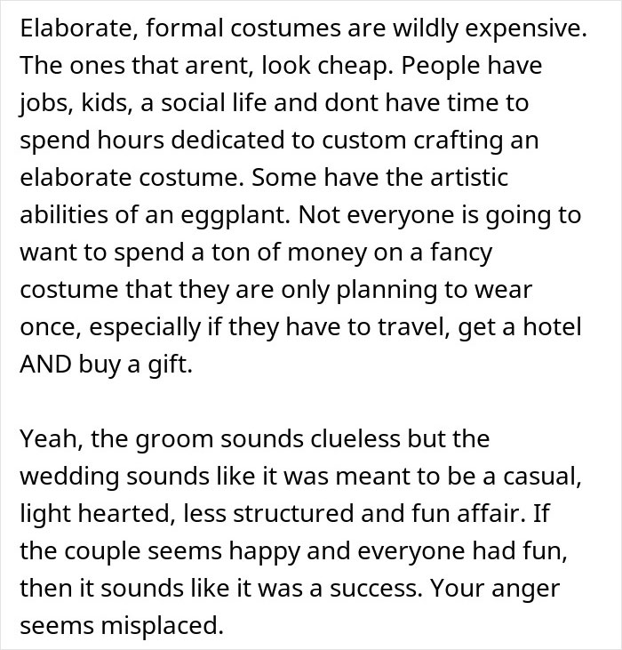 Text discussing disappointment in the groom and anger for the bride at a Halloween wedding over costume expectations.