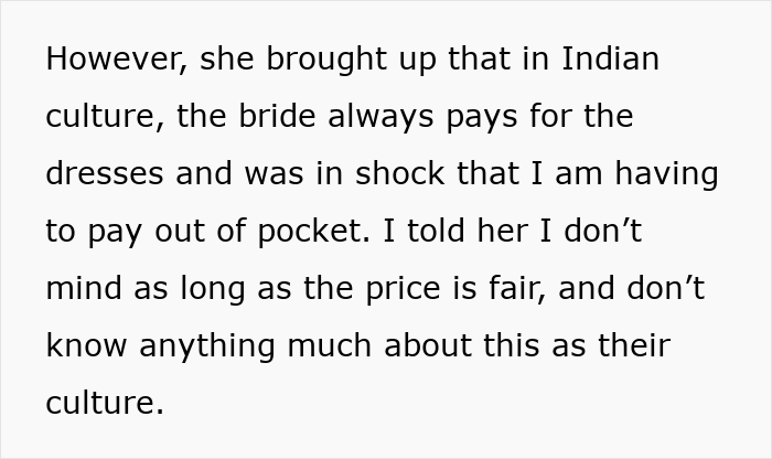 Woman upset after bride-to-be asks her to pay for her own bridesmaid dress, highlighting cultural differences and shock.