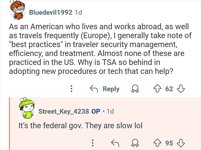 Reddit conversation about TSA worker insights on traveler security and federal government efficiency in airport screening.