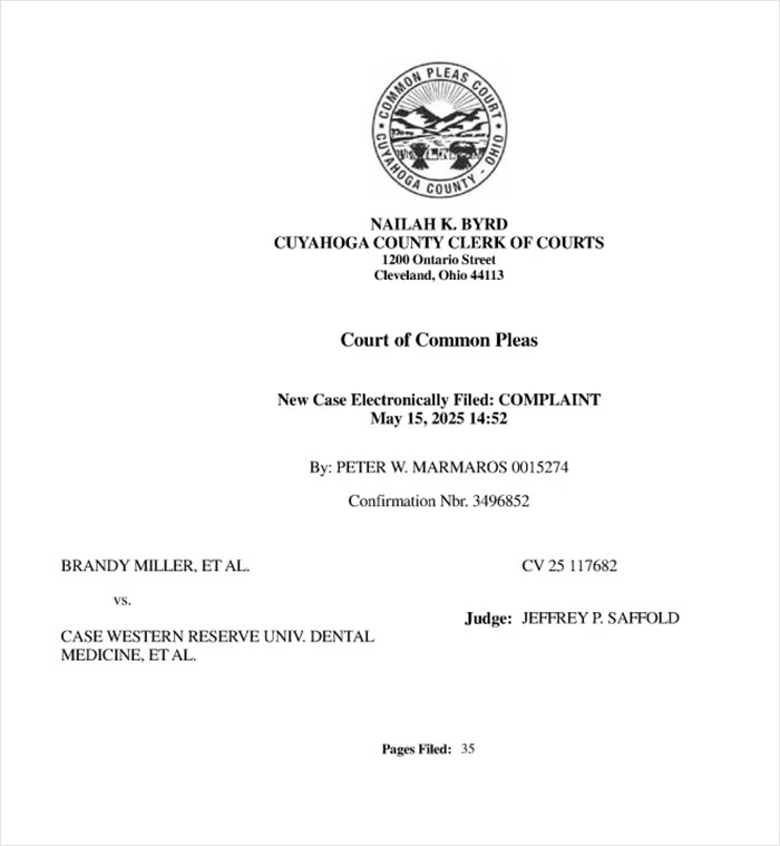 Legal complaint document from Cuyahoga County related to a morbidly obese patient and Instagram-famous dentist case.