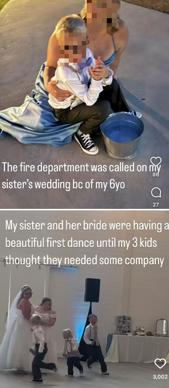 Two photos showing chaotic wedding moments with kids disrupting bride and groom’s first dance in worst wedding guests situations.