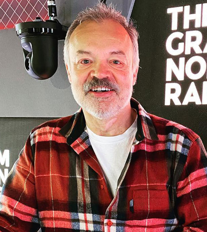 Graham Norton in a radio studio wearing a red plaid shirt with a microphone nearby, related to Taylor Swift discussion. Graham Norton in a radio studio wearing a red plaid shirt with a microphone nearby, related to Taylor Swift discussion.
