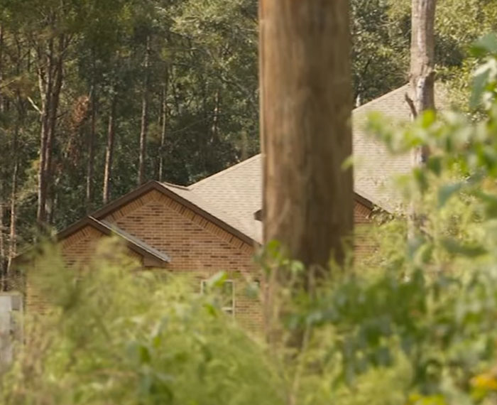 Brick house partially hidden by trees and bushes symbolizing 12-year-old escaping home after severe mistreatment.