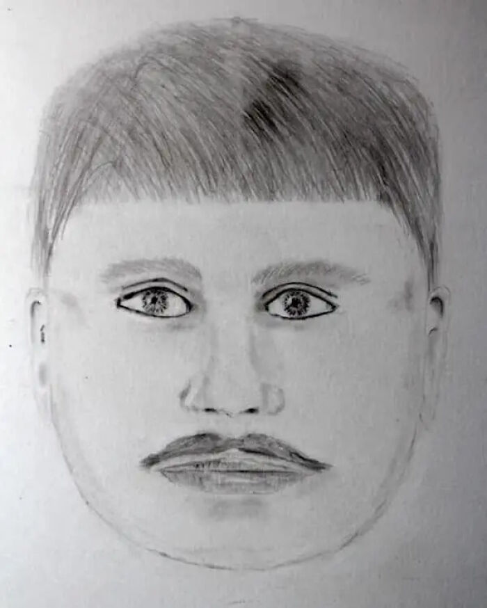 Police sketch with exaggerated features and uneven proportions resembling a poorly drawn caricature drawing on paper.