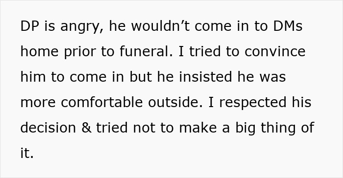 Man standing outside a home during a funeral, showing tension between mother, partner, and ex-husband.