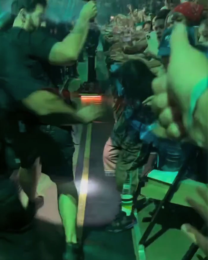 Crowd and security at a Billie Eilish Miami concert reacting as a man tries to snatch the singer backstage.