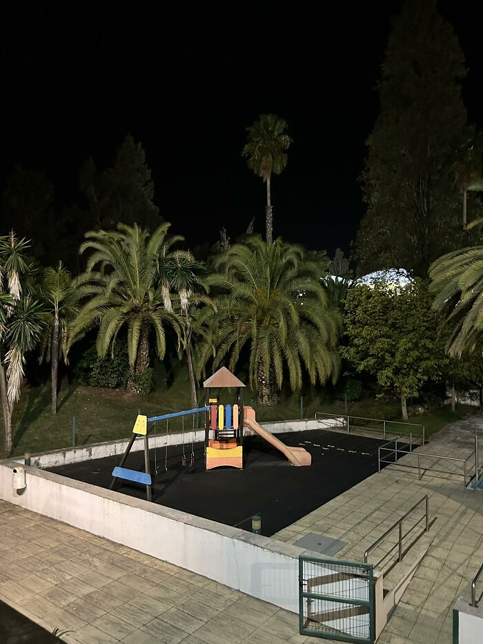 Empty playground at night surrounded by palm trees, capturing beautiful yet unnerving liminal spaces atmosphere.