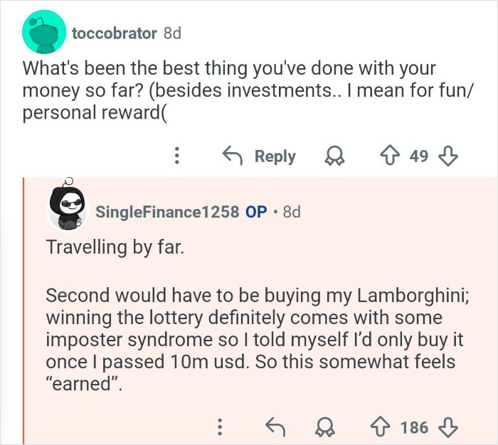 Reddit user who won $7M in the lottery shares life changes a year later, including travel and buying a Lamborghini.