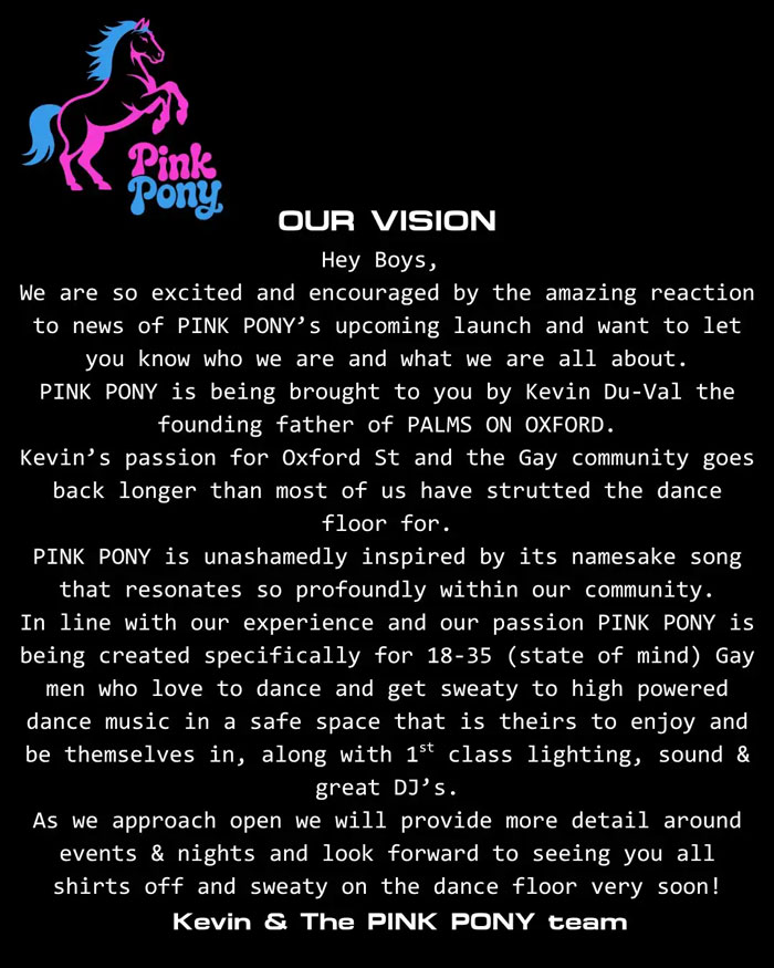 Pink Pony men-only gay bar announces vision focusing on safe dance space for gay men amid controversy over misogyny claims.
