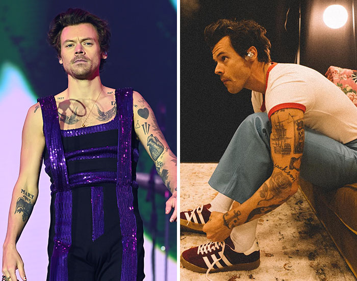 Harry Styles showing tattoos on his arms and chest during a live performance and in a casual backstage setting.