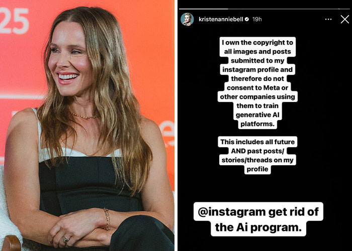 Kristen Bell addressing AI copyright controversies on Instagram, impacting her and Dax Shepard’s public image and media presence.