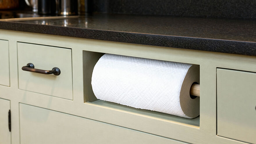 Built-in paper towel holder in kitchen cabinet showcasing organization hacks for a tidy and functional home space.