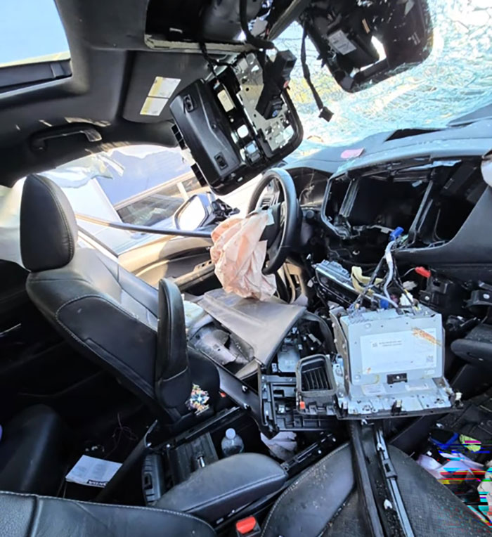 Severely damaged car interior after a crash linked to Florida dad-to-be waking from coma and making accusations. Severely damaged car interior after a crash linked to Florida dad-to-be waking from coma and making accusations.