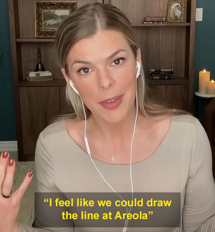 Megyn Kelly speaking during a video call, commenting on modesty and controversial see-through fashion choices.