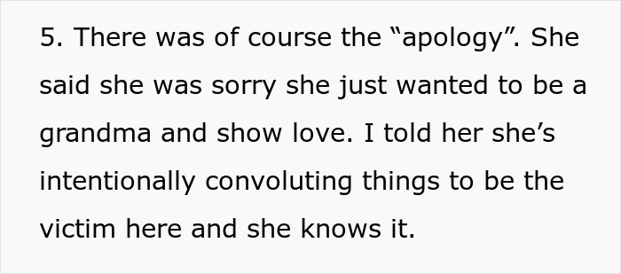 Text excerpt showing a new mom confronting her mother-in-law over her unhinged behavior and manipulative apology.
