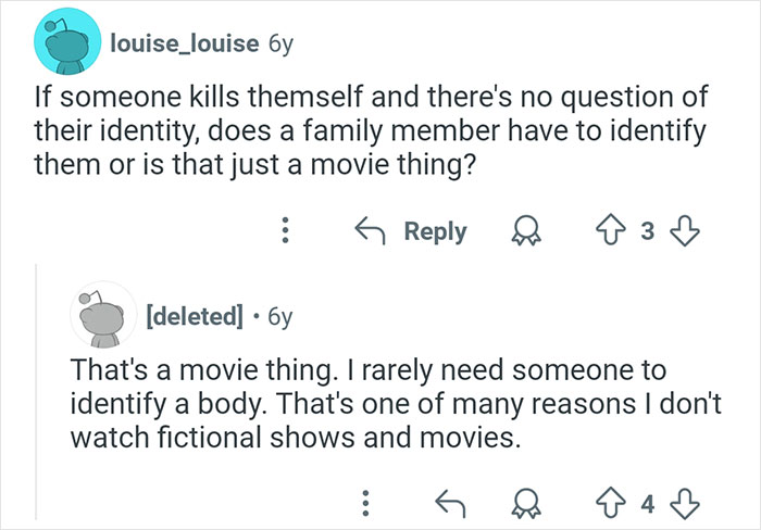 Reddit conversation discussing coroners and body identification, featuring insights about real-life procedures versus movies.