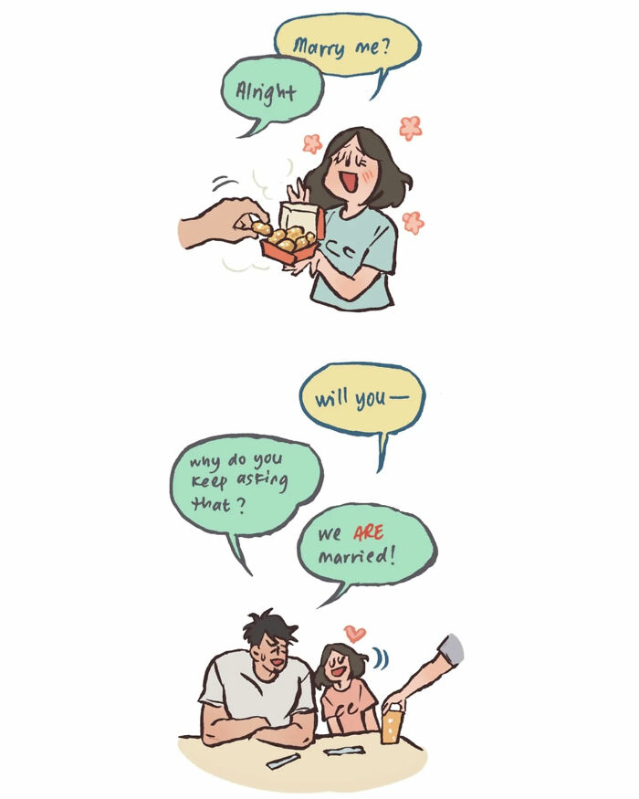Malaysian artist cartoon shows delivery interaction with her tall, geeky husband and relatable daily life moments.
