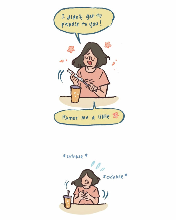 Malaysian artist cartoon shows delivery interaction with her tall, geeky husband and relatable daily life moments.