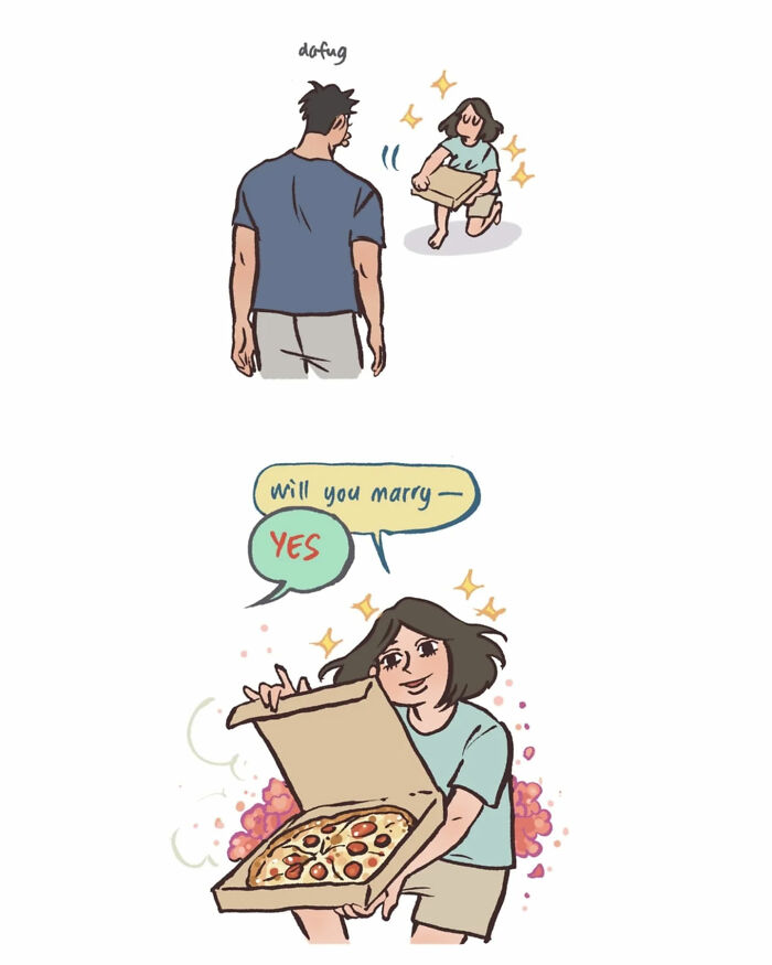 Malaysian artist cartoon shows delivery interaction with her tall, geeky husband and relatable daily life moments.