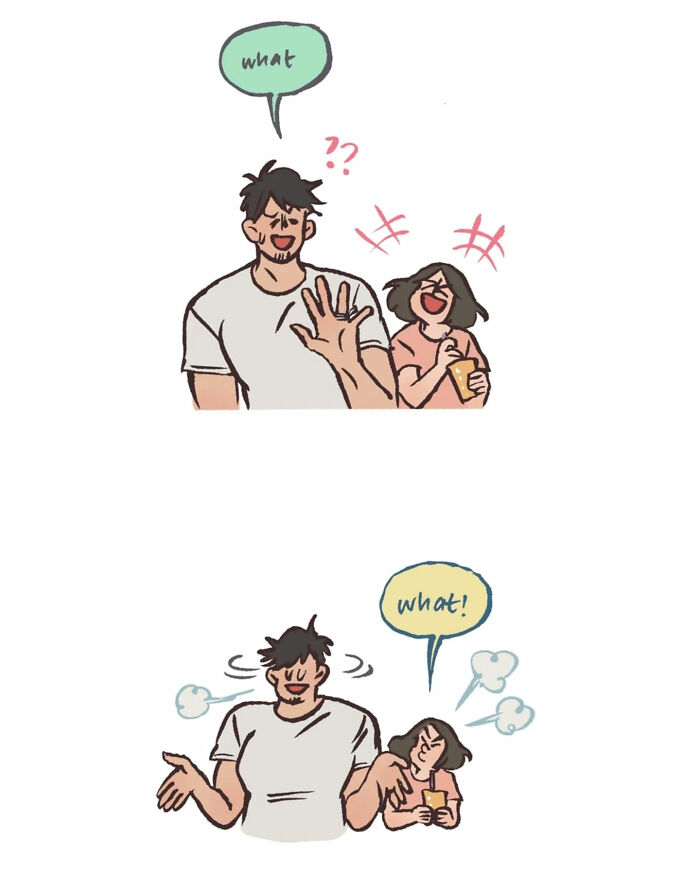 Malaysian artist cartoon shows delivery interaction with her tall, geeky husband and relatable daily life moments.