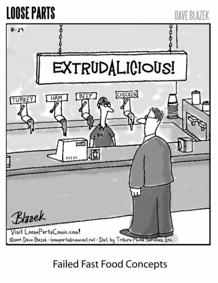Cartoon by Dave Blazek showing a man at a fast food counter with meat taps labeled for different meats.
