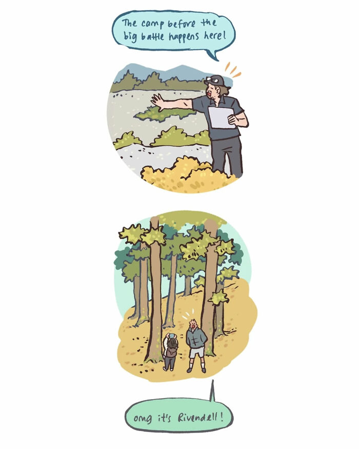 Malaysian artist’s comic showing her life and honeymoon with her tall, geeky husband visiting LOTR filming locations.