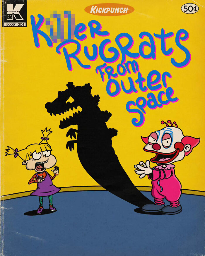 Creepy horror scene of classic cartoon Rugrats with a sinister clown casting a monstrous shadow on a yellow background.