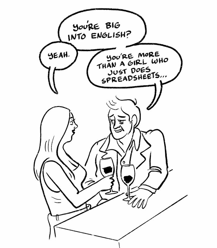 A clever and relatable comic by a New Yorker cartoonist shows two people having a humorous conversation in a restaurant.