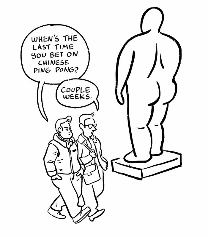 A clever and relatable comic by a New Yorker cartoonist shows two people having a humorous conversation in a restaurant.