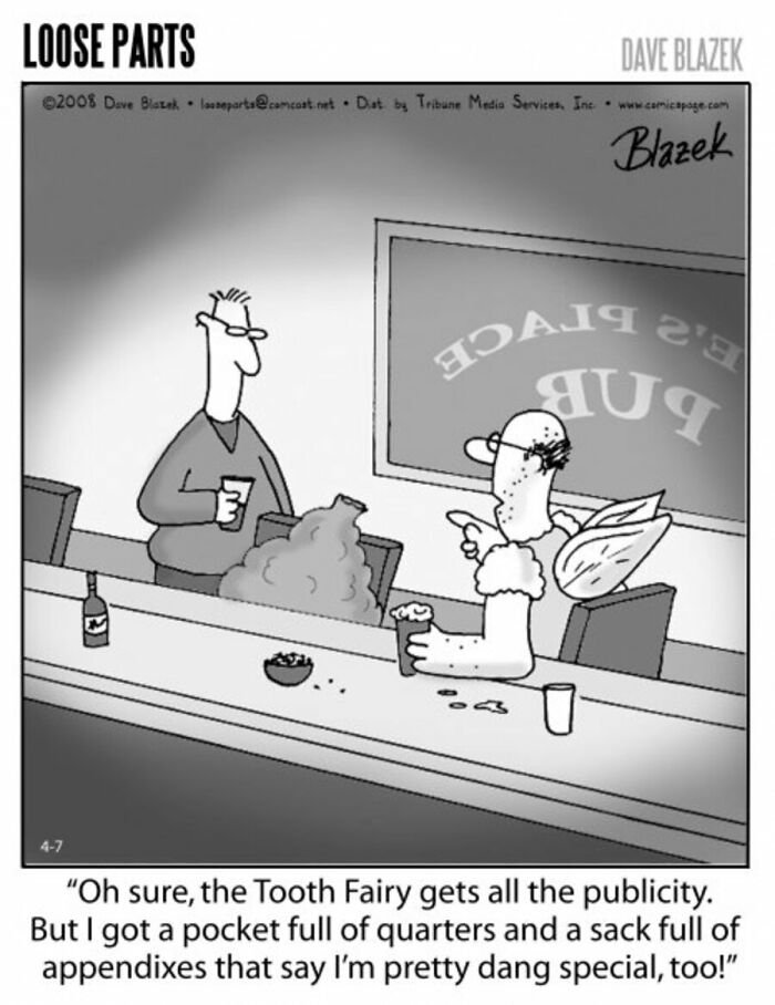 Comic by Dave Blazek showing a man with fairy wings at a bar humorously discussing absurd loose parts and appendices.
