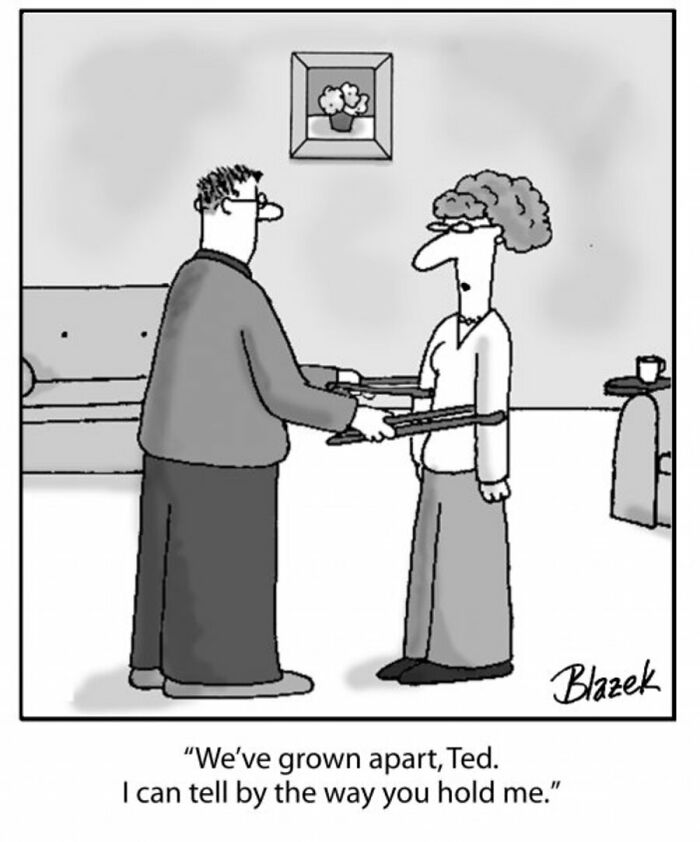 Absurd comic by veteran cartoonist Dave Blazek showing a couple humorously holding opposite ends of a broken chair.