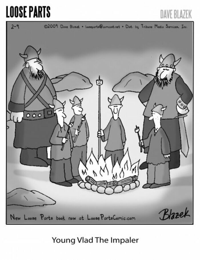 Cartoon Viking characters roasting marshmallows over fire in a hilariously absurd comic by Dave Blazek.