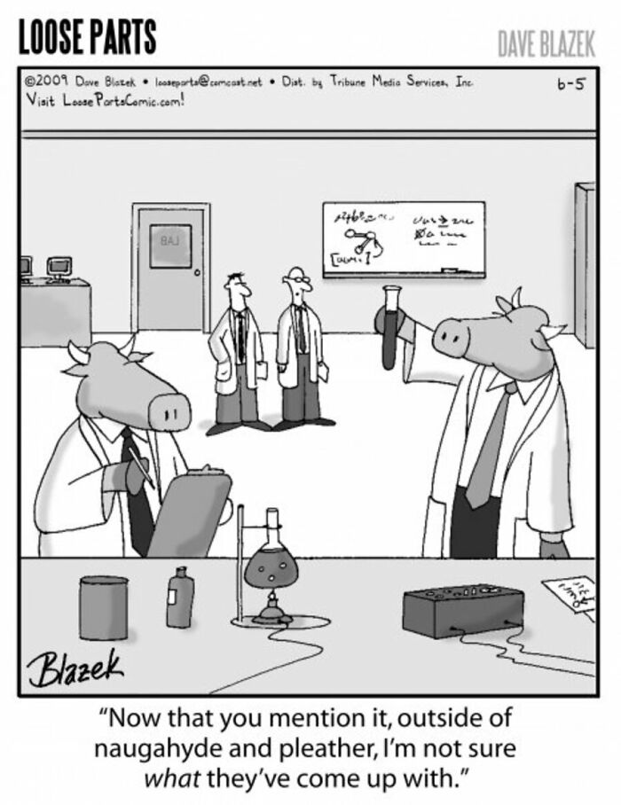 Cartoon comic by Dave Blazek showing cows as scientists discussing unusual materials in a lab setting.