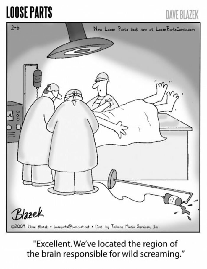 Cartoon surgeons operating in a comedic scene from the absurd comics series by veteran cartoonist Dave Blazek.