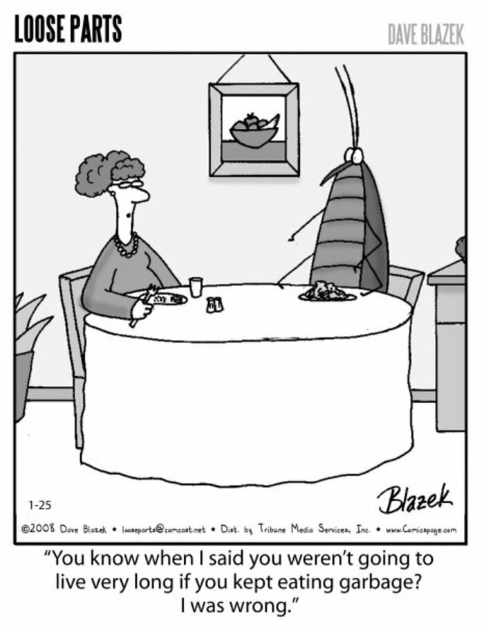 Cartoon by Dave Blazek shows a woman talking to a large bug at a dinner table in a hilariously absurd comic style.